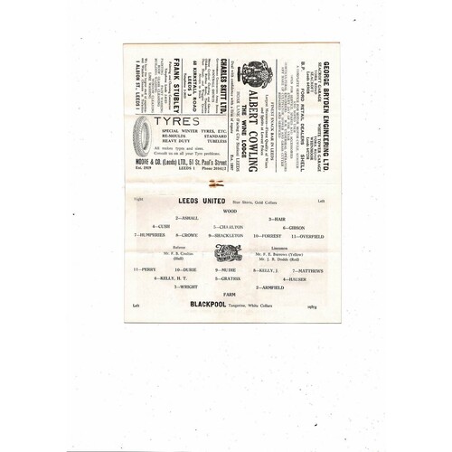 1958/59 Leeds United v Blackpool Football Programme