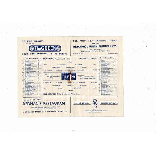 1953/54 Blackpool v Huddersfield Town Football Programme