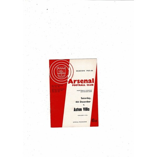 1965/66 Arsenal v Aston Villa Football Programme