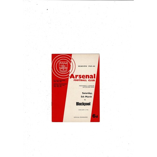 1965/66 Arsenal v Blackpool Football Programme