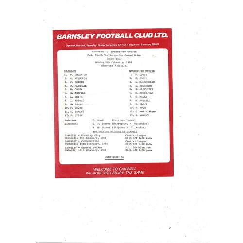 Barnsley v Manchester United FA Youth Cup Football Programme 1983/84