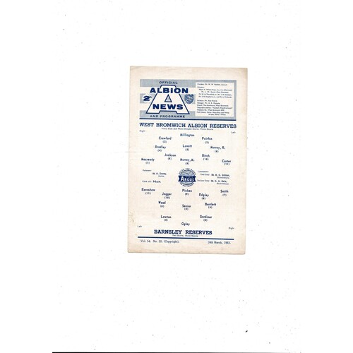 West Bromwich Albion v Barnsley Central League Football Programme 1962/63