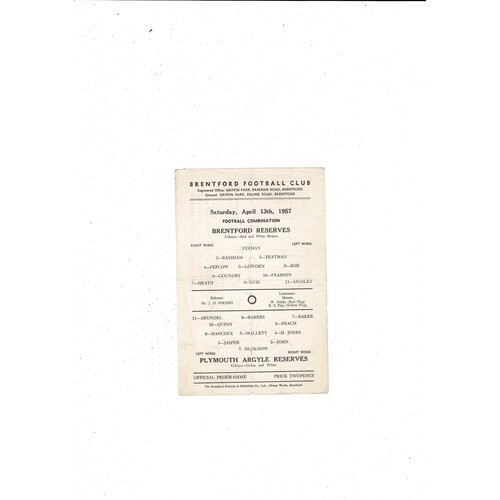 Brentford v Plymouth Argyle Football Combination Programme 1956/57