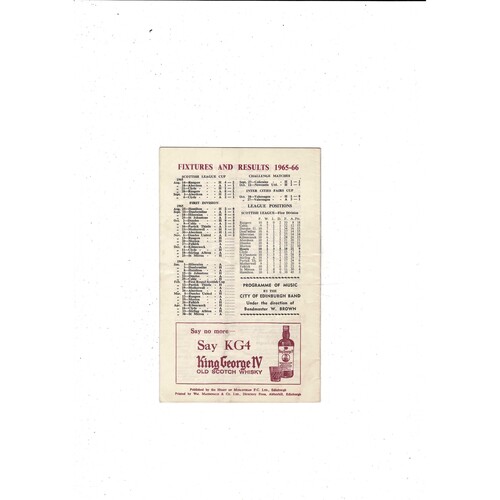 1965/66 Hearts v Rangers Football Programme