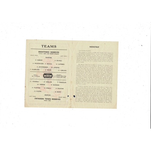 Brentford v Swindon Town Football Combination Programme 1949/50