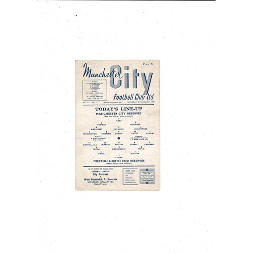Manchester City v Preston Central League Football Programme 1958/59