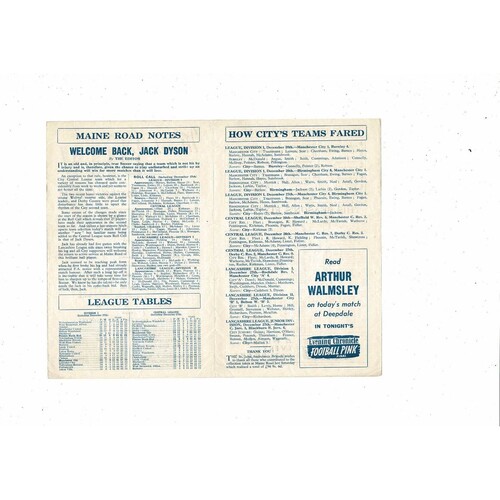 Manchester City v Preston Central League Football Programme 1958/59