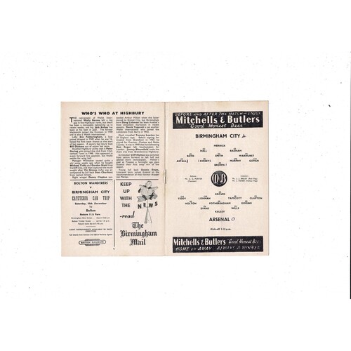 1955/56 Birmingham City v Arsenal Football Programme