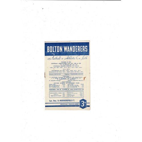 1953/54 Bolton Wanderers v Huddersfield Town Football Programme