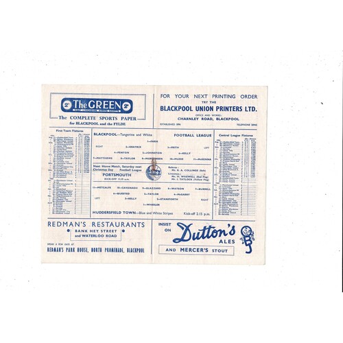1954/55 Blackpool v Huddersfeld Town Football Programme