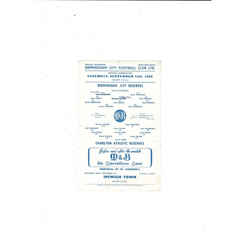 Birmingham City v Charlton Athletic Football Combination Programme 1963/64