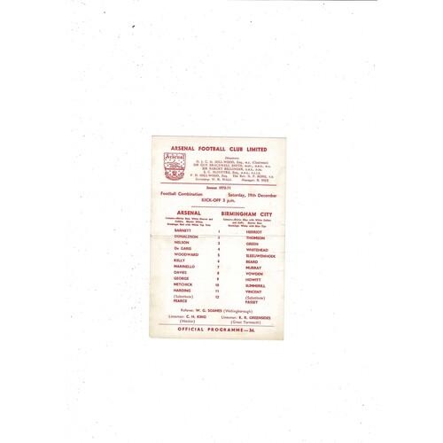 Arsenal v Birmingham City Football Combination Programme 1970/71