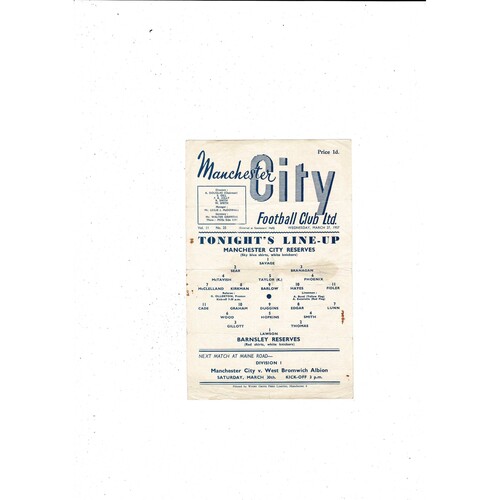 Manchester City v Barnsley Central League Football Programme 1956/57