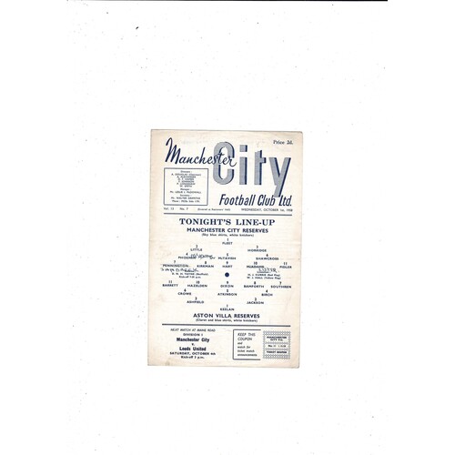 Manchester City v Aston Villa Central League Football Programme 1958/59
