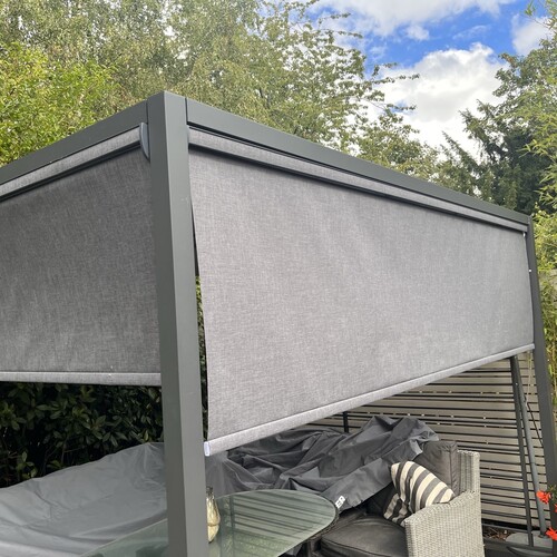 blinds for the outdoors, waterproof, windbreakers and sun shades adjustable in height. can easily be removed for winter storage
