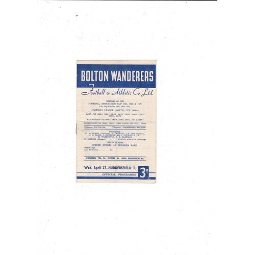 1954/55 Bolton Wanderers v Huddersfield Town Football Programme