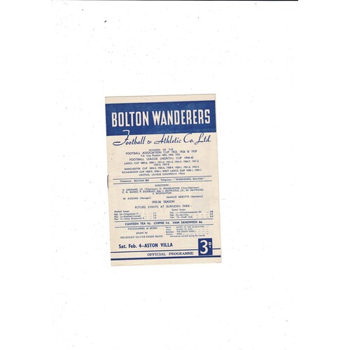 1955/56 Bolton Wanderers v Aston Villa Football Programme