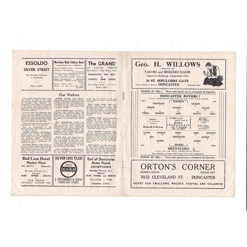 1951/52 Doncaster Rovers v Brentford Football Programme
