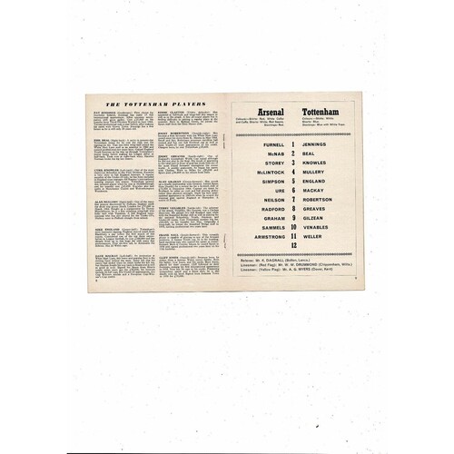 1966/67 Arsenal v Tottenham Hotspur Football Programme