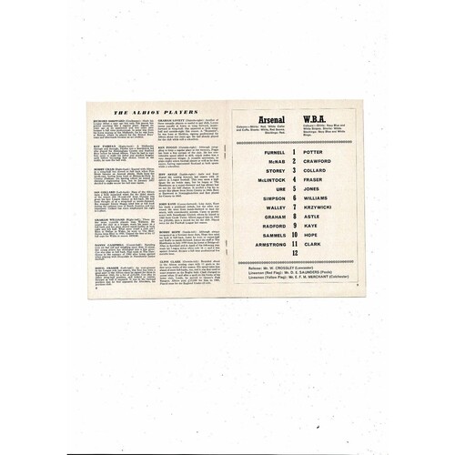 1966/67 Arsenal v West Bromwich Albion Football Programme