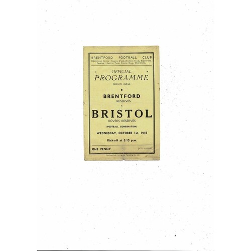 Brentford v Bristol Rovers Football Combination Programme 1947/48