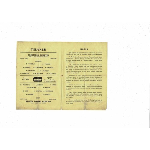 Brentford v Bristol Rovers Football Combination Programme 1947/48