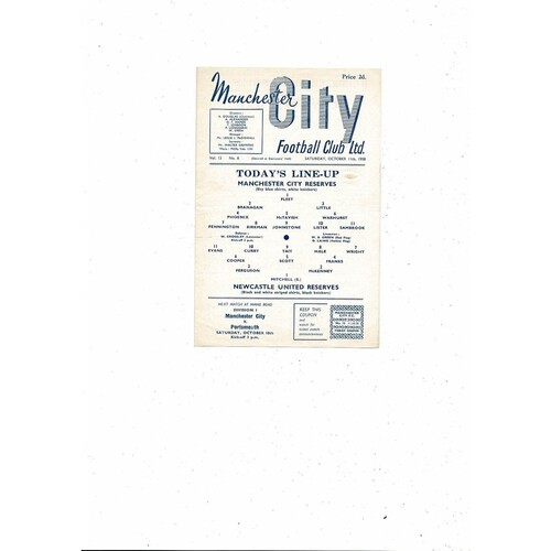 Manchester City v Newcastle United Central League Football Programme 1958/59