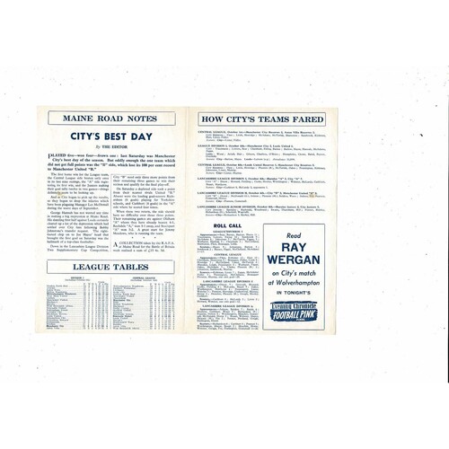 Manchester City v Newcastle United Central League Football Programme 1958/59