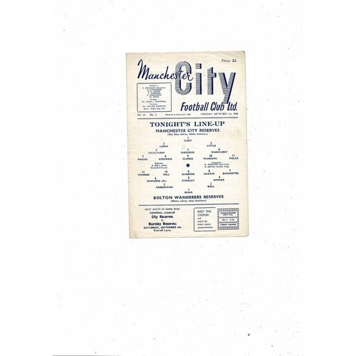 Manchester City v Bolton Wanderers Central League Football Programme 1958/59
