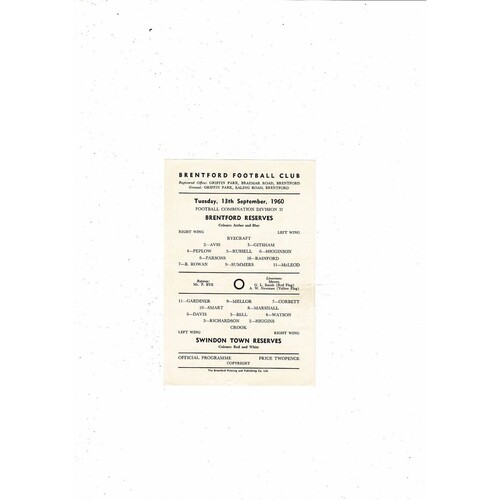 Brentford v Swindon Town Football Combination Programme 1960/61