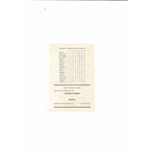 Brentford v Swindon Town Football Combination Programme 1960/61