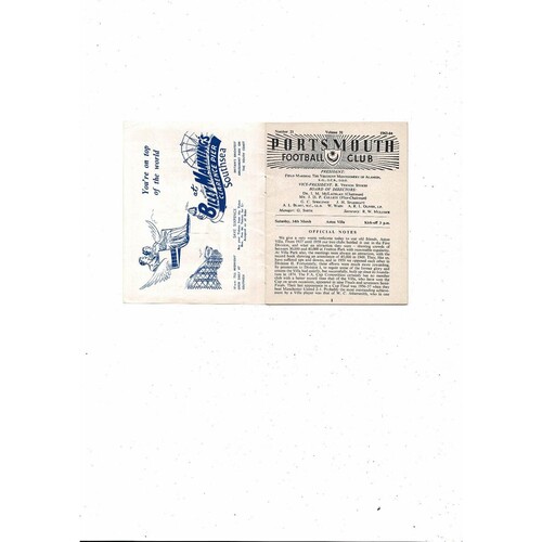 Portsmouth v Aston Villa Friendly Football Programme 1963/64