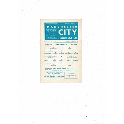 Manchester City v West Bromwich Albion Central League Football Programme 1959/60