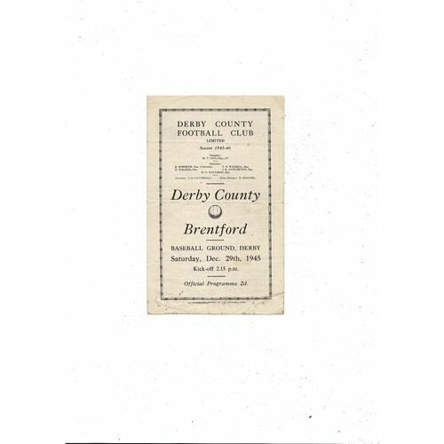 1945/46 Derby County v Brentford Football Programme