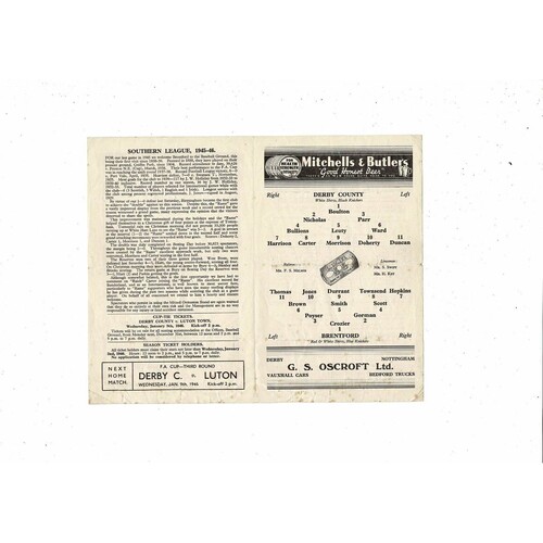 1945/46 Derby County v Brentford Football Programme