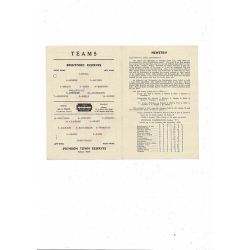 Brentford v Swindon Town Football Combination Programme. 1950/51