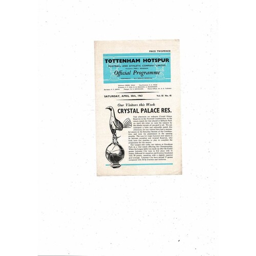 Tottenham Hotspur v Crystal Palace Football Combination Programme 1962/63