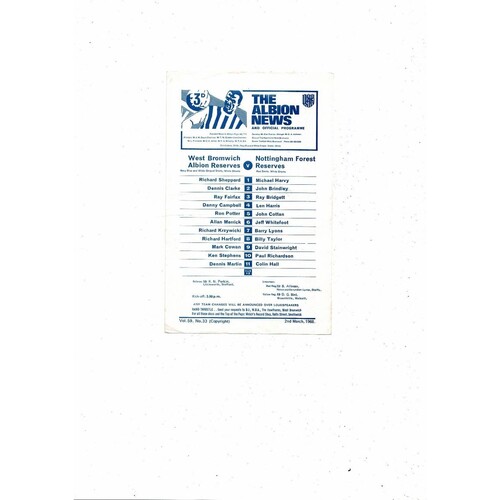 West Bromwich Albion v Nottingham Forest Central League Football Programme 1967/68