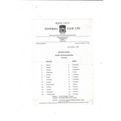 Bath City v Slough Town FA Cup Football Programme 1987/88