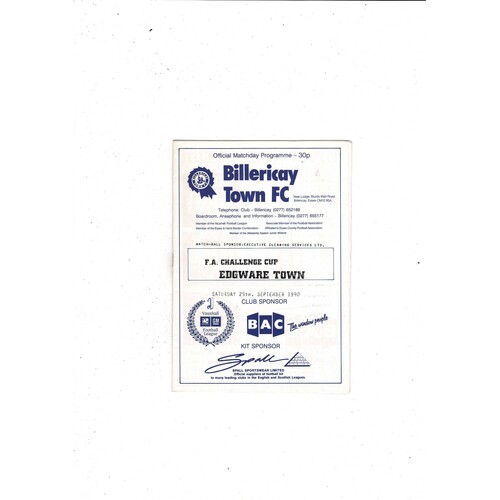 Billericay Town v Edware Town FA Cup Football Programme 1990/91