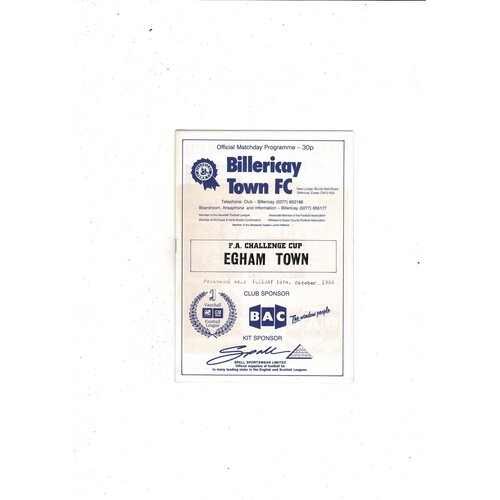 Billericay Town v Egham Town FA Cup Football Programme + Press cutting 1990/91