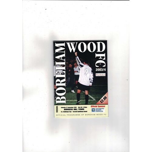 Boreham Wood v Burgess Hill Town FA Cup Programme + small press cutting 2003/04