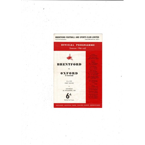 Brentford v Oxford United FA Cup Football Programme 1961/62
