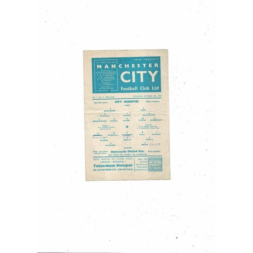 Manchester City v Newcastle United Central League Programme 1959/60