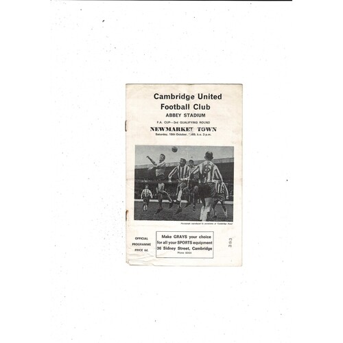 Cambridge United v Newmarket Town FA Cup Football Programme 1969/70