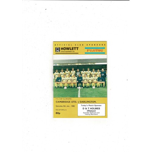 Cambridge United v Darlington FA Cup Football Programme 1989/90