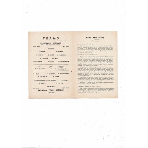 Brentford v Swindon Town Football Combination Programme 1953/54
