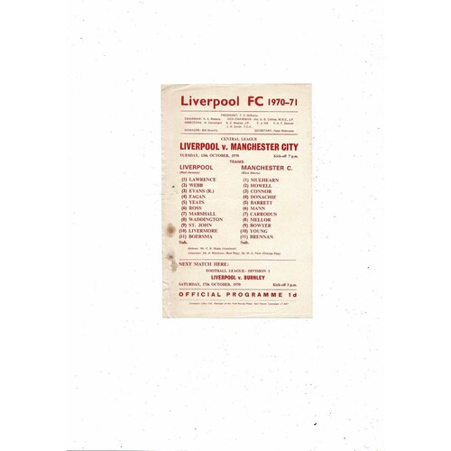 Liverpool v Manchester City Central League Football Programme 1970/71