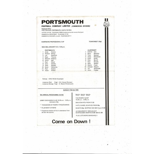 1984/85 Portsmouth v Aldershot Hampshire Professional Cup Football Team Sheet