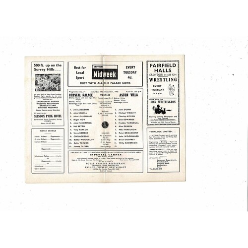 1968/69 Crystal Palace v Aston Villa Football Programme. Many Autographs